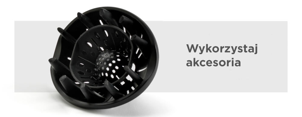 Czarny dyfuzor do suszarki na tle szarego prostokąta z napisem \'Wykorzystaj akcesoria\'.