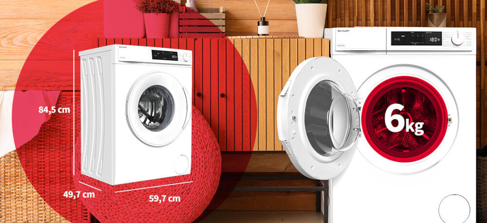 Obraz przedstawia pralkę z otwartymi drzwiami, na których widnieje napis \'6 kg\'. Obok znajduje się grafika z wymiarami pralki: 84,5 cm wysokości, 59,7 cm szerokości i 49,7 cm głębokości.