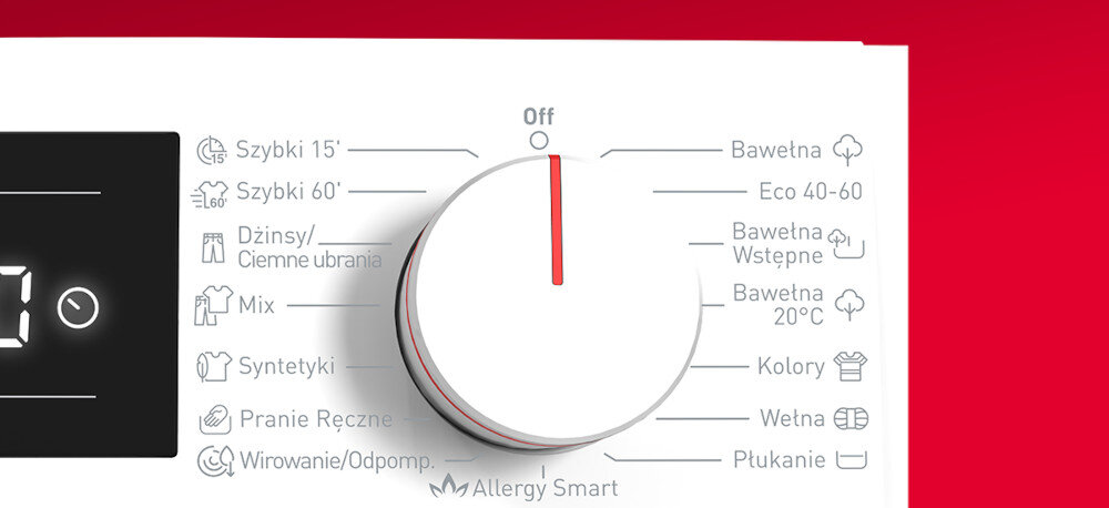 Panel sterowania pralki z pokrętłem wyboru programów, na którym widoczne są opcje takie jak \'Szybki 15\', \'Szybki 60\', \'Dżinsy/Ciemne ubrania\', \'Mix\', \'Syntetyki\', \'Pranie Ręczne\', \'Wirowanie/Odpomp.\', \'Bawełna\', \'Eco 40-60\', \'Bawełna Wstępne\', \'Bawełna 20°C\', \'Kolory\', \'Wełna\', \'Płukanie\'.