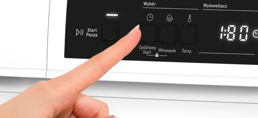 Panel sterowania pralki z przyciskami i wyświetlaczem pokazującym \'1:80\'. Widoczne są napisy: \'Start Pauza\', \'Wybór\', \'Wyświetlacz\', \'Opóźniony Start\', \'Wirowanie\', \'Temp.\'.