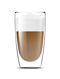 Szklanka z kawą warstwową, z wyraźnie oddzieloną pianką mleczną na górze.