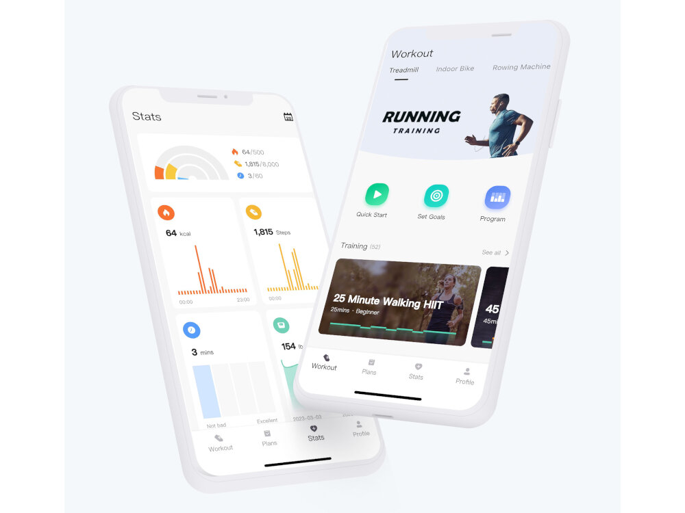 Dwa smartfony wyświetlają aplikację fitness z danymi treningowymi i opcjami treningu. Na ekranach widoczne są wykresy, liczby kalorii, czas treningu oraz opcje takie jak \'Quick Start\' i \'Set Goal\'.