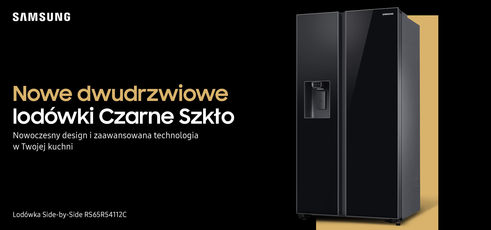 Czarna lodówka dwudrzwiowa z podajnikiem wody i kostkarką, obok tekst: \'Nowe dwudrzwiowe lodówki Czarne Szkło. Nowoczesny design i zaawansowana technologia w Twojej kuchni\'.