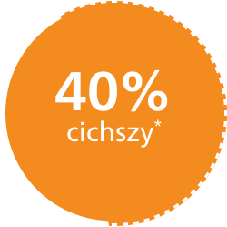 Pomarańczowe koło z białym napisem \'40% cichszy*\'.