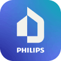 Ikona aplikacji z logo PHILIPS na niebiesko-fioletowym tle. Logo przedstawia stylizowany kształt domu z napisem PHILIPS poniżej.