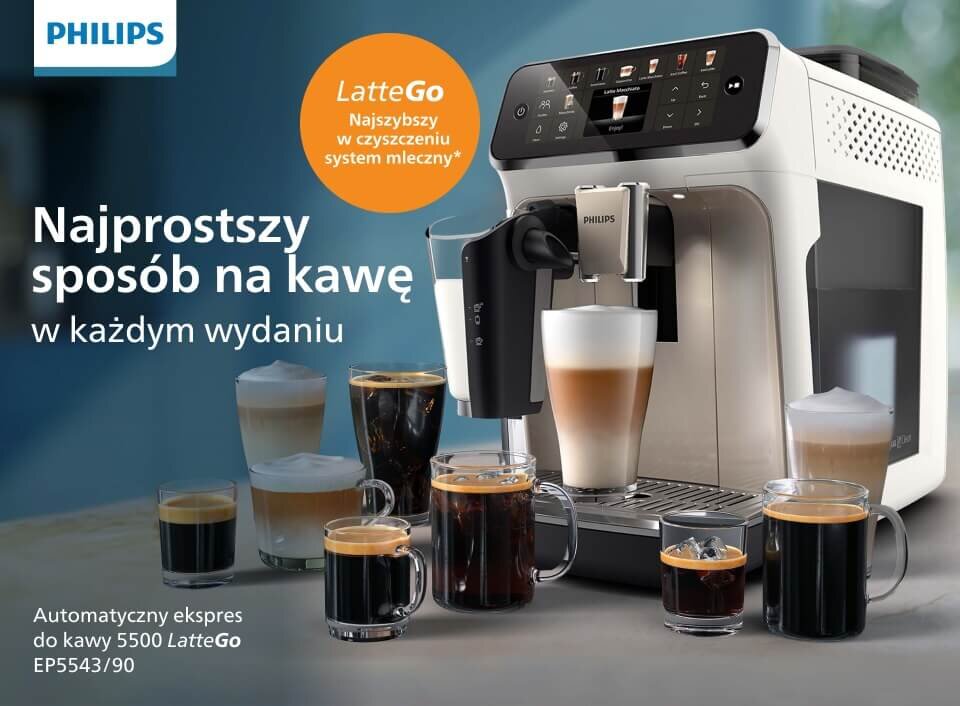 Na obrazie widoczny jest ekspres do kawy z logo PHILIPS, otoczony różnymi filiżankami z kawą. Tekst na obrazie: \'Najprostszy sposób na kawę w każdym wydaniu\', \'Automatyczny ekspres do kawy 5500 LatteGo EP5543/90\', \'LatteGo Najszybszy w czyszczeniu system mleczny\'.