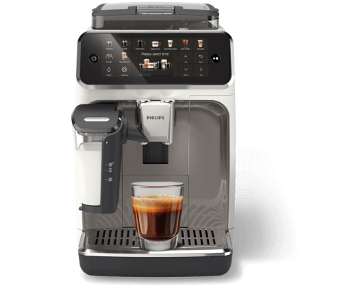 Ekspres do kawy z wyświetlaczem dotykowym, na którym widoczne są różne opcje napojów. Na przodzie znajduje się logo PHILIPS oraz szklanka z kawą na tacy ociekowej.