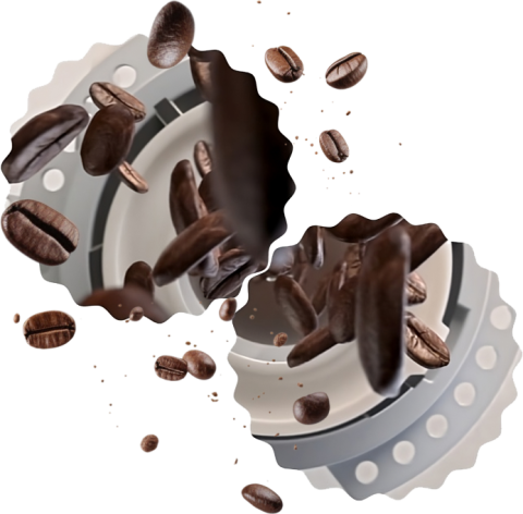 Obraz przedstawia ziarna kawy unoszące się wokół elementu mechanicznego, przypominającego część ekspresu do kawy. Ziarna są w różnych pozycjach, a tło jest rozmyte.