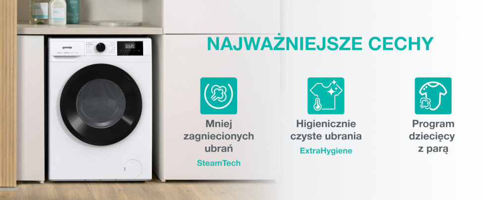 Obraz przedstawia pralkę w zabudowie z widocznym panelem sterowania. Obok znajdują się ikony z napisami: \'Mniej zagnieceń ubrań SteamTech\', \'Higienicznie czyste ubrania ExtraHygiene\', \'Program dziecięcy z parą\'.