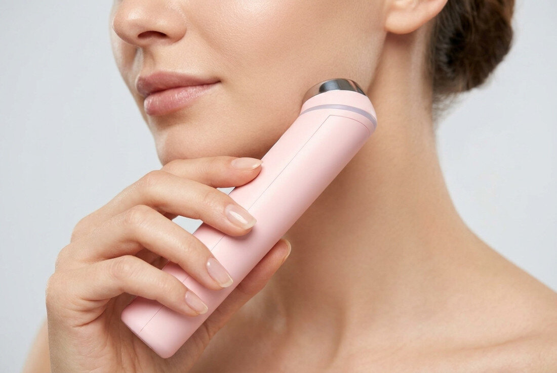 Urządzenie do pielęgnacji twarzy STAY BEAUTY Booster Pink zdjęcie lifestyle Codzienna troska o cerę wspiera pielęgnację skóry twarzy i szyi sześć technologii Elektroporacja, EMS oraz masaż wibracyjny  Technologia bezigłowej elektroporacji