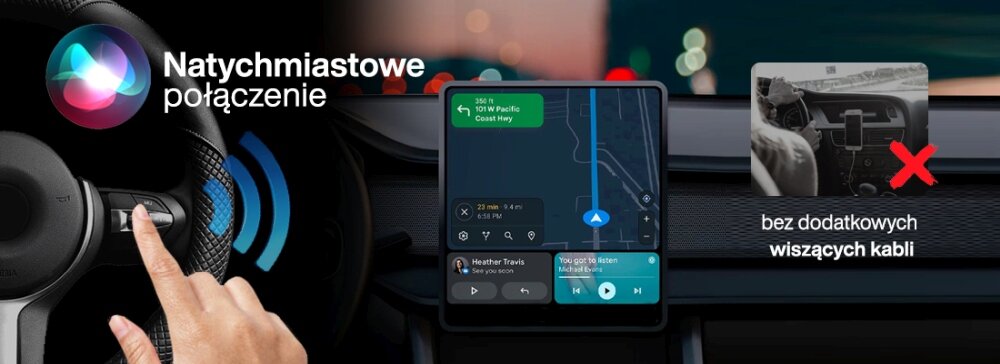 Obraz przedstawia wnętrze samochodu z ekranem nawigacji i tekstem \'Natychmiastowe połączenie\'. Obok ekranu widoczny jest napis \'bez dodatkowych wiszących kabli\' z przekreślonym zdjęciem kabli.