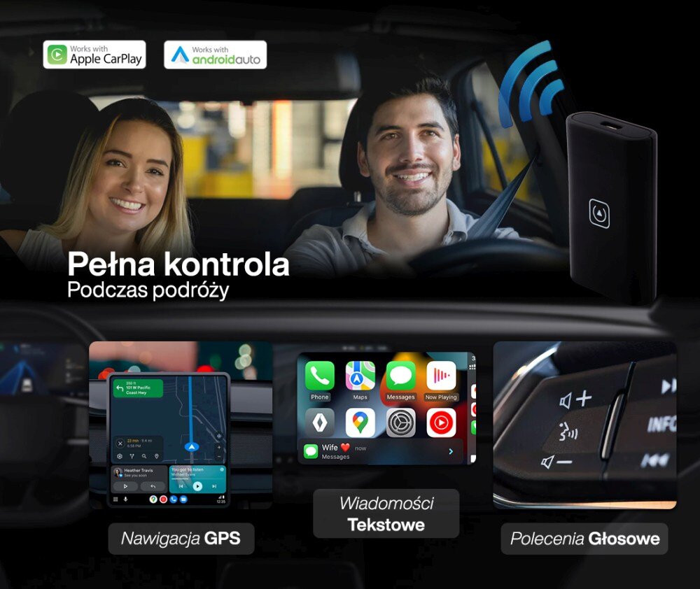 Obraz przedstawia dwie osoby siedzące w samochodzie oraz bezprzewodowy adapter z ikoną zasilania. Widoczne są ekrany nawigacji GPS, wiadomości tekstowe oraz przyciski do poleceń głosowych z napisami: \'Pełna kontrola Podczas podróży\', \'Nawigacja GPS\', \'Wiadomości Tekstowe\', \'Polecenia Głosowe\'.