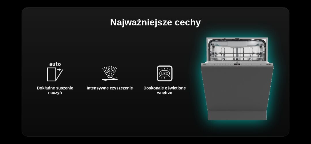 Obraz przedstawia zmywarkę z otwartymi drzwiami oraz trzy ikony z podpisami: \'Dokładne suszenie naczyń\', \'Intensywne czyszczenie\', \'Doskonałe oświetlenie wnętrze\'.