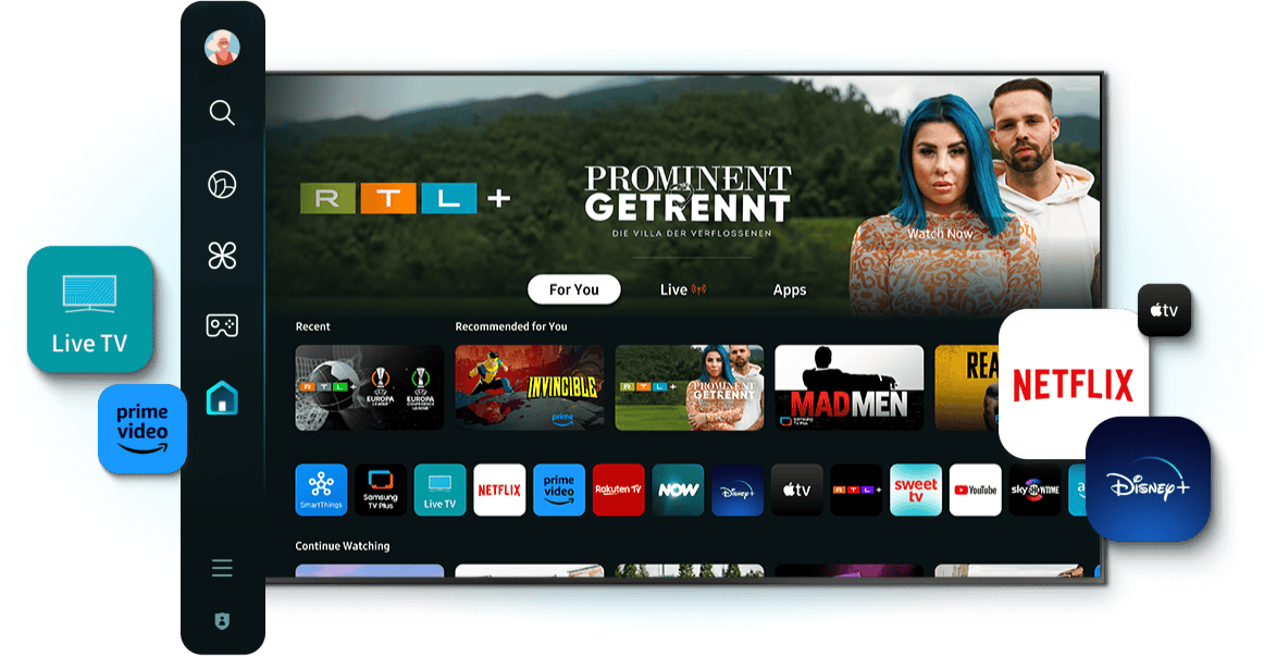 Interfejs telewizora z widocznymi aplikacjami streamingowymi, takimi jak Netflix, Disney+, Prime Video i Apple TV. Na ekranie głównym wyświetlony jest program \'Prominent Getrennt\'.