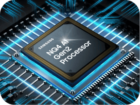 Obraz przedstawia procesor z napisem \'NQ4 AI Gen2 Processor\' oraz logo \'SAMSUNG\'. Procesor jest umieszczony na płytce z niebieskimi ścieżkami elektrycznymi.