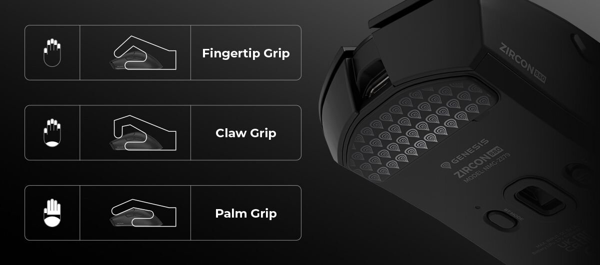 GENESIS Zircon 880 Kształt myszy Palm oraz Claw gripu kabel typu Paracord trybie przewodowym szklane ślizgacze waga około 64 g - Schematyczne przedstawienie trzech typów chwytu myszy: Fingertip Grip, Claw Grip oraz Palm Grip, zestawione ze zbliżeniem na teksturowany spód urządzenia