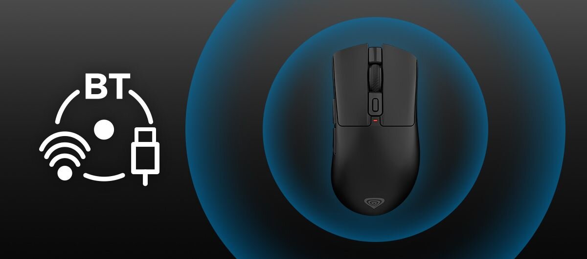 GENESIS Zircon 880 Zircon 880 Bluetooth odbiornik USB-A przewód trakcie ładowania - Mysz komputerowa ukazana w rzucie od góry, umieszczona wewnątrz okręgów symbolizujących sygnał bezprzewodowy, obok ikony potrójnego trybu łączności