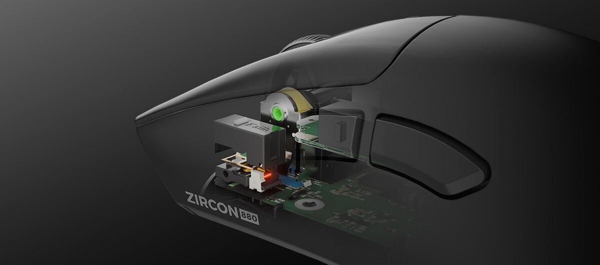 GENESIS Zircon 880 przełączniki Kailh precyzyjne kliknięcia, szybki czas reakcji trwałość sięgającą 150 milionów naciśnięć - Przekrój techniczny ukazujący wnętrze obudowy myszy Genesis, prezentujący płytkę drukowaną, rolkę przewijania oraz mechanizm przełączników marki Kailh