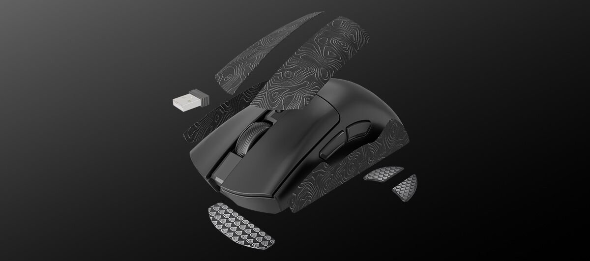 GENESIS Zircon 880 taśmy Grip Tape zapasowe ślizgacze PTFE - mysz bezprzewodowa, miniaturowy odbiornik USB-A oraz dopasowane naklejki antypoślizgowe z ozdobną teksturą.