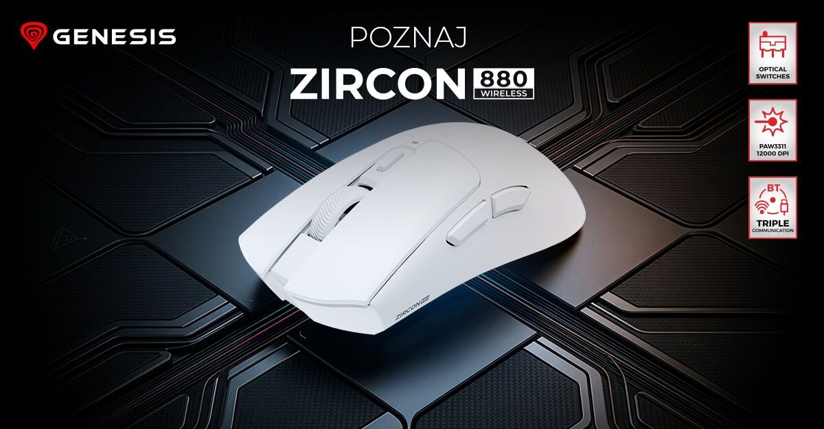 GENESIS Zircon 880 - Grafika informacyjna przedstawiająca mysz gamingową marki Genesis na geometrycznym tle przypominającym ścieżki drukowane