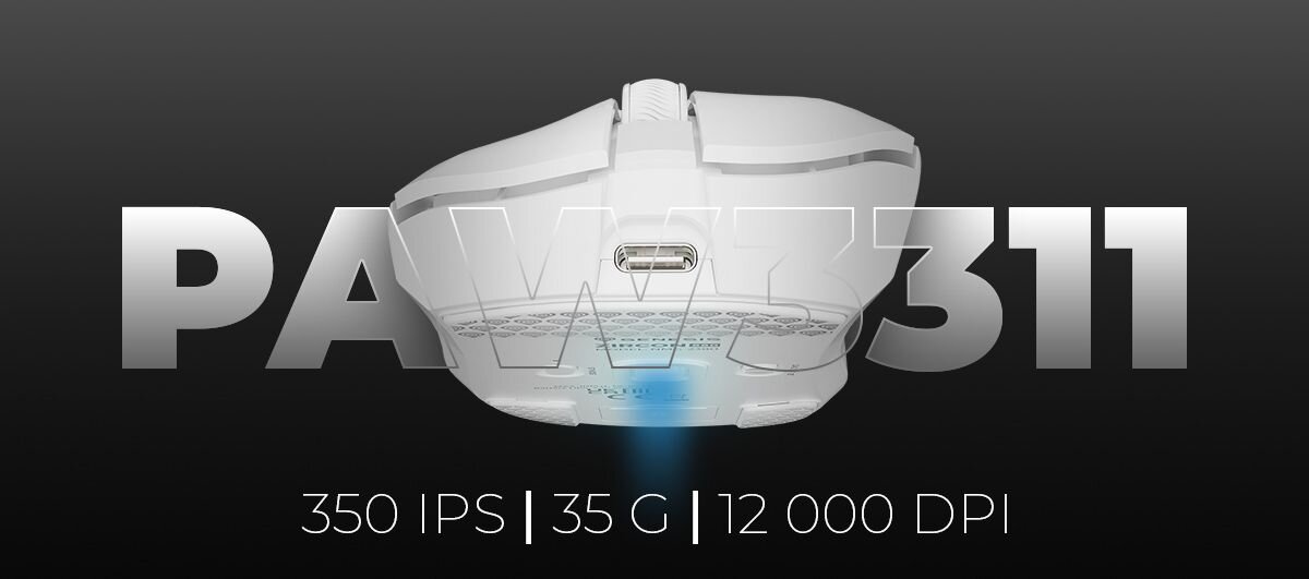 GENESIS Zircon 880 Sensor PAW3311 precyzyjne śledzenie ruchu rozdzielczości do 12 000 DPI, prędkości śledzenia 350 IPS oraz przyspieszeniu 35G - spód myszy komputerowej z widocznym sensorem optycznym oraz gniazdem USB-C, przesłonięty dużym napisem PAW3311 i parametrami 350 IPS, 35 G oraz 12 000 DPI