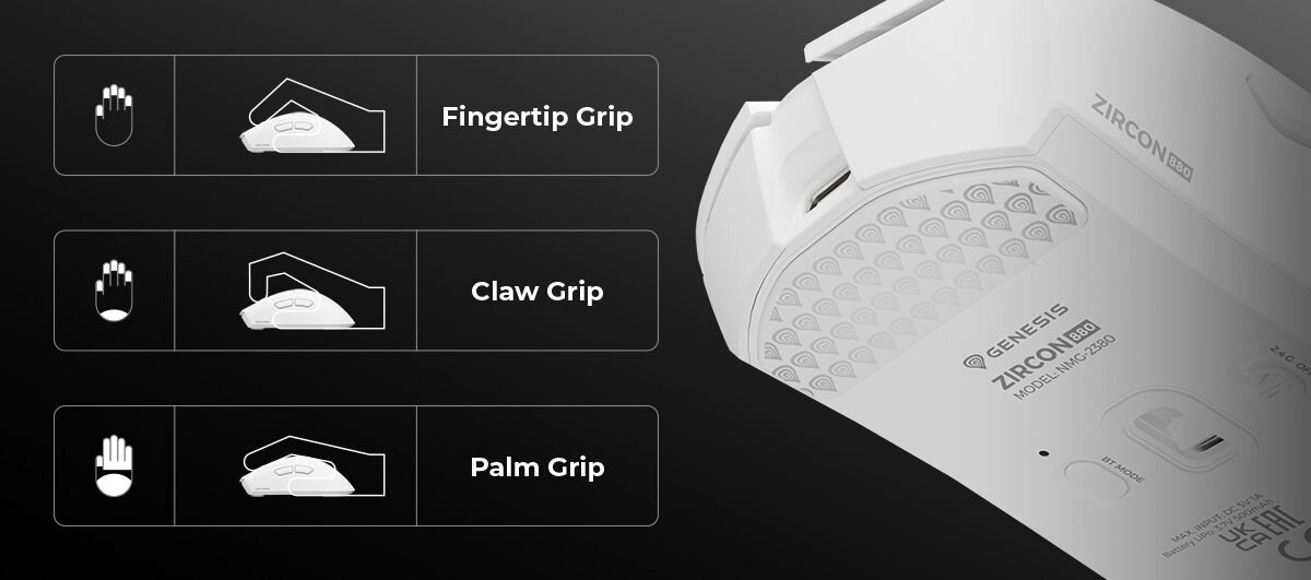 GENESIS Zircon 880 Kształt myszy Palm oraz Claw gripu kabel typu Paracord trybie przewodowym szklane ślizgacze waga około 64 g - Schematyczne przedstawienie trzech typów chwytu myszy: Fingertip Grip, Claw Grip oraz Palm Grip, zestawione ze zbliżeniem na teksturowany spód urządzenia