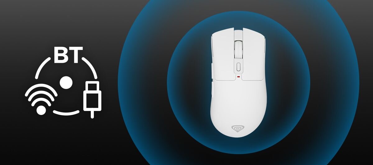 GENESIS Zircon 880 Zircon 880 Bluetooth odbiornik USB-A przewód trakcie ładowania - Mysz komputerowa ukazana w rzucie od góry, umieszczona wewnątrz okręgów symbolizujących sygnał bezprzewodowy, obok ikony potrójnego trybu łączności