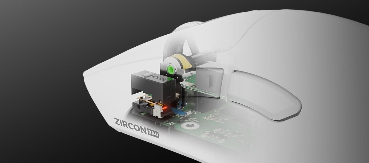 GENESIS Zircon 880 przełączniki Kailh precyzyjne kliknięcia, szybki czas reakcji trwałość sięgającą 150 milionów naciśnięć - Przekrój techniczny ukazujący wnętrze obudowy myszy Genesis, prezentujący płytkę drukowaną, rolkę przewijania oraz mechanizm przełączników marki Kailh