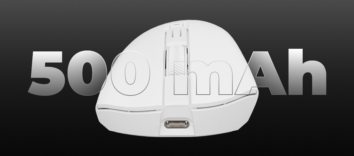 GENESIS Zircon 880 akumulator o pojemności 500 mAh Długa żywotność baterii - Przednia część myszy gamingowej z widocznym portem ładowania, na którą nałożono duży napis informujący o pojemności akumulatora 500 mAh