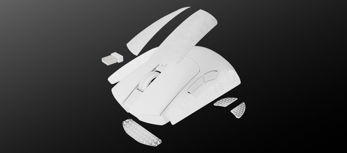 GENESIS Zircon 880 taśmy Grip Tape zapasowe ślizgacze PTFE - mysz bezprzewodowa, miniaturowy odbiornik USB-A oraz dopasowane naklejki antypoślizgowe z ozdobną teksturą.