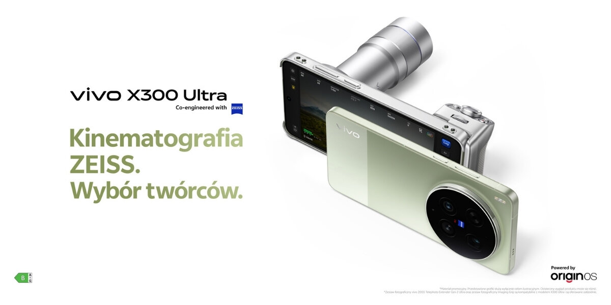 Obraz przedstawia smartfon VIVO X300 Ultra z dużym obiektywem fotograficznym. Widoczny jest tekst: \'Kinematografia ZEISS. Wybór twórców.\' oraz logo ZEISS i OriginOS.
