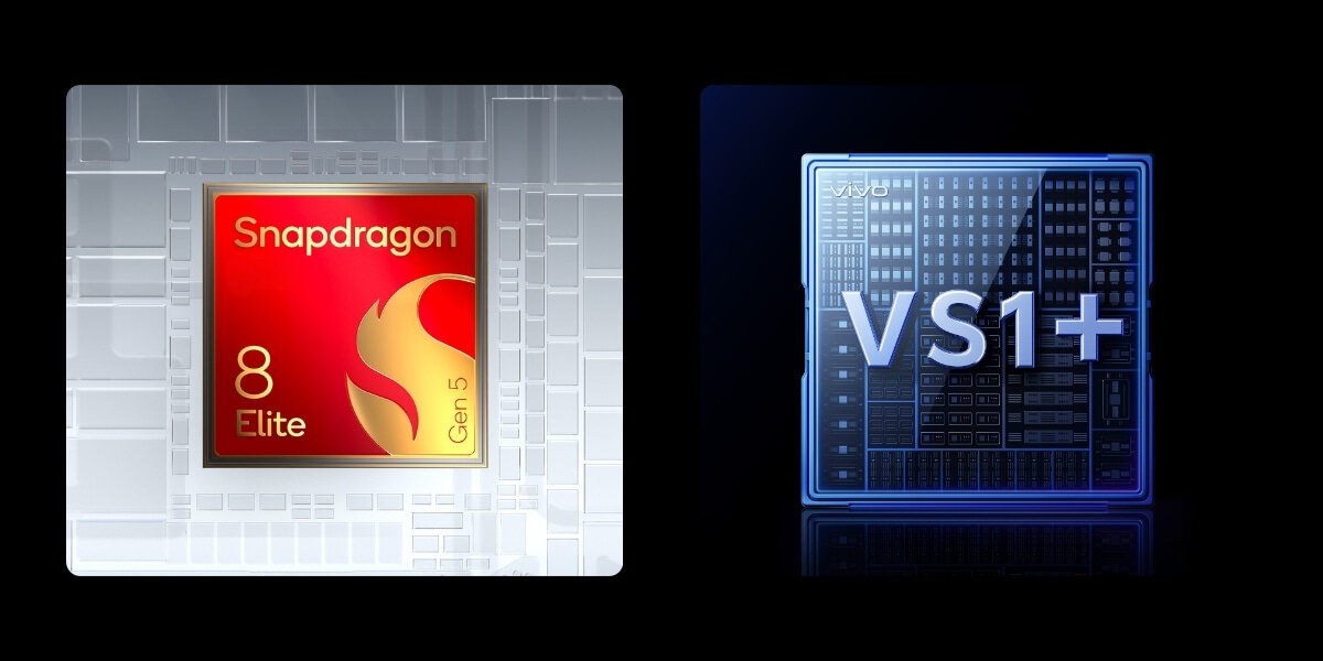 Obraz przedstawia dwa układy scalone. Po lewej stronie widoczny jest układ z napisem \'Snapdragon 8 Elite Gen 5\', a po prawej układ z napisem \'VS1+\'.