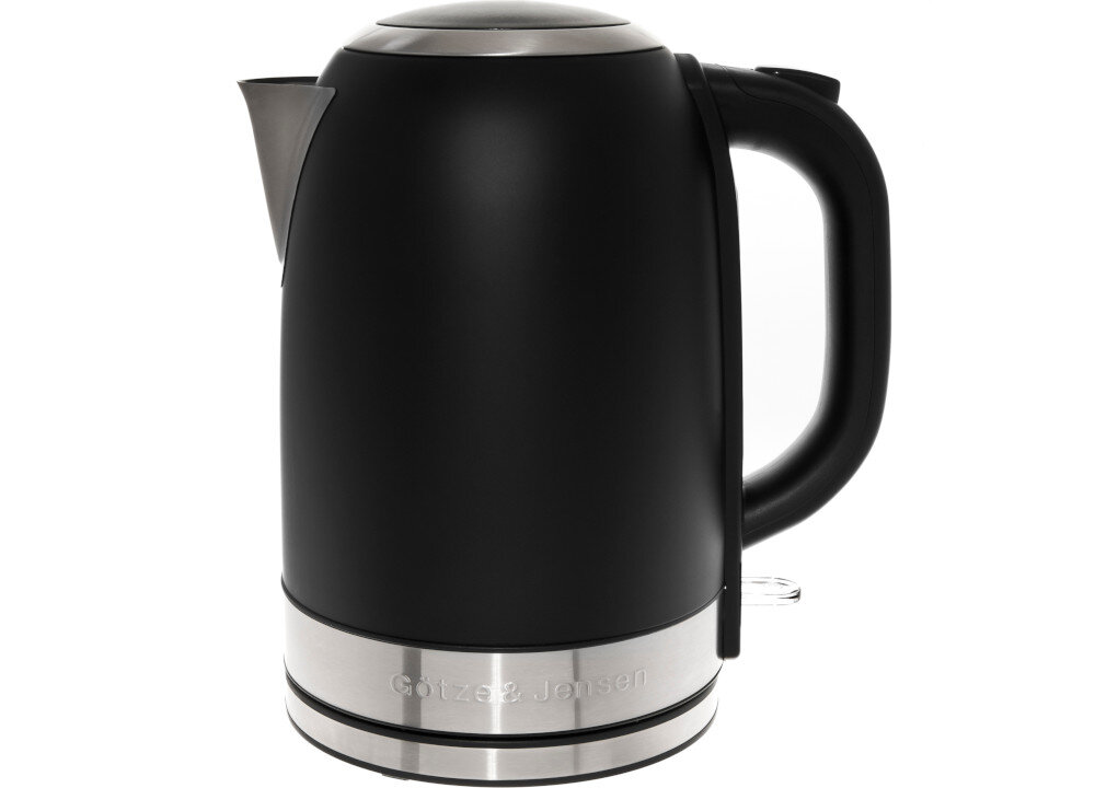 Czarny czajnik elektryczny z metalicznymi elementami, z widocznym logo \'Götze & Jensen\' na podstawie.