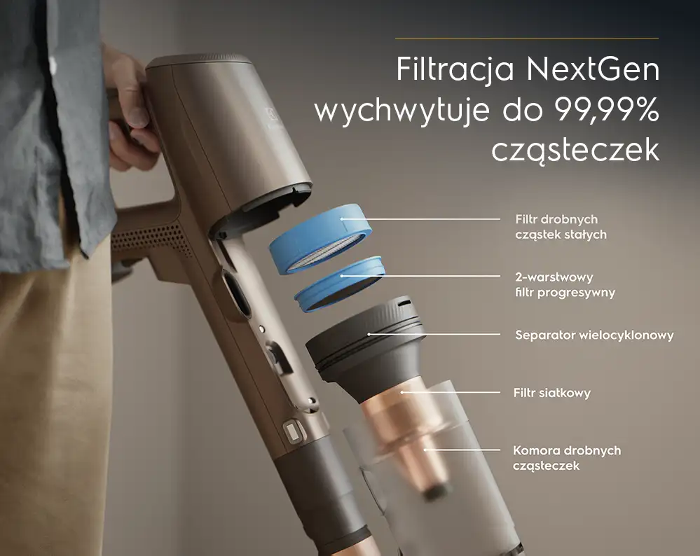 Obraz przedstawia odkurzacz z widocznymi elementami systemu filtracji, takimi jak filtr drobnych cząstek stałych, 2-warstwowy filtr progresywny, separator wielocyklonowy, filtr siatkowy i komora drobnych cząstek. Na obrazie znajduje się tekst: \'Filtracja NextGen wychwytuje do 99,99% cząsteczek\'.