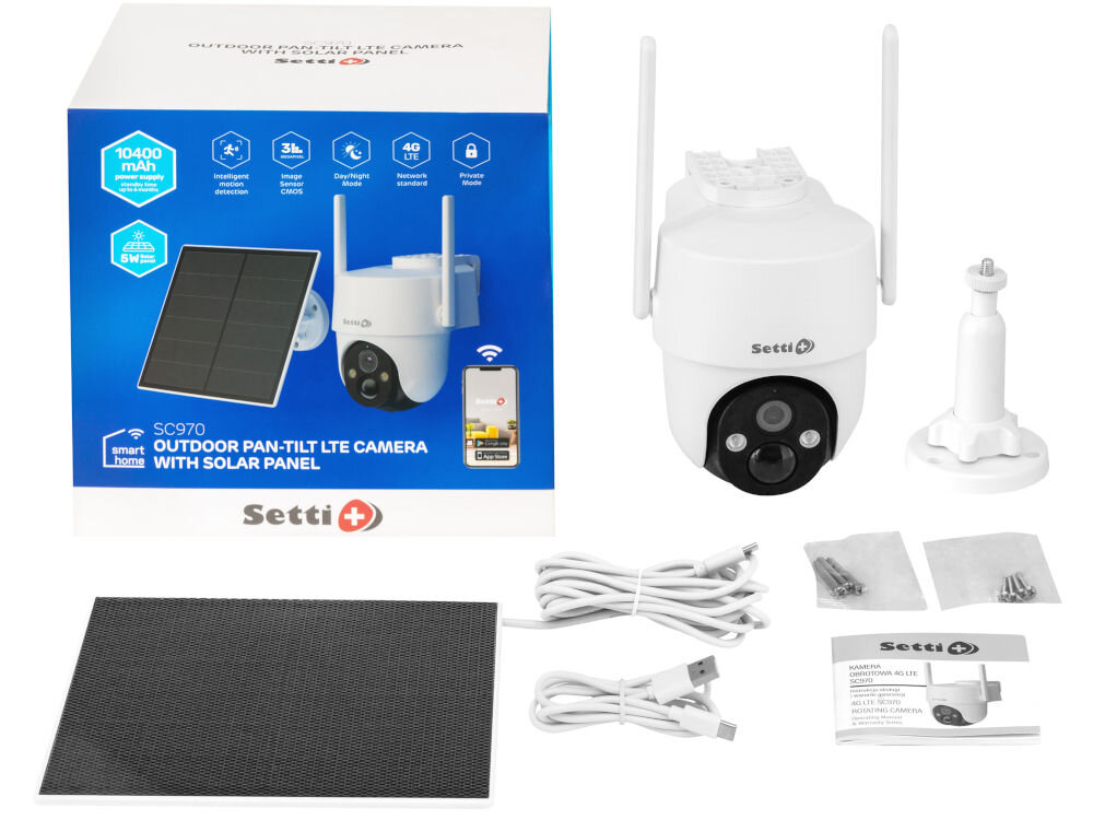Zestaw zawiera kamerę obrotową z antenami, panel solarny, uchwyt montażowy, kable oraz instrukcję obsługi. Na opakowaniu widnieje napis: \'SC970 OUTDOOR PAN-TILT LTE CAMERA WITH SOLAR PANEL\' oraz logo Setti+.