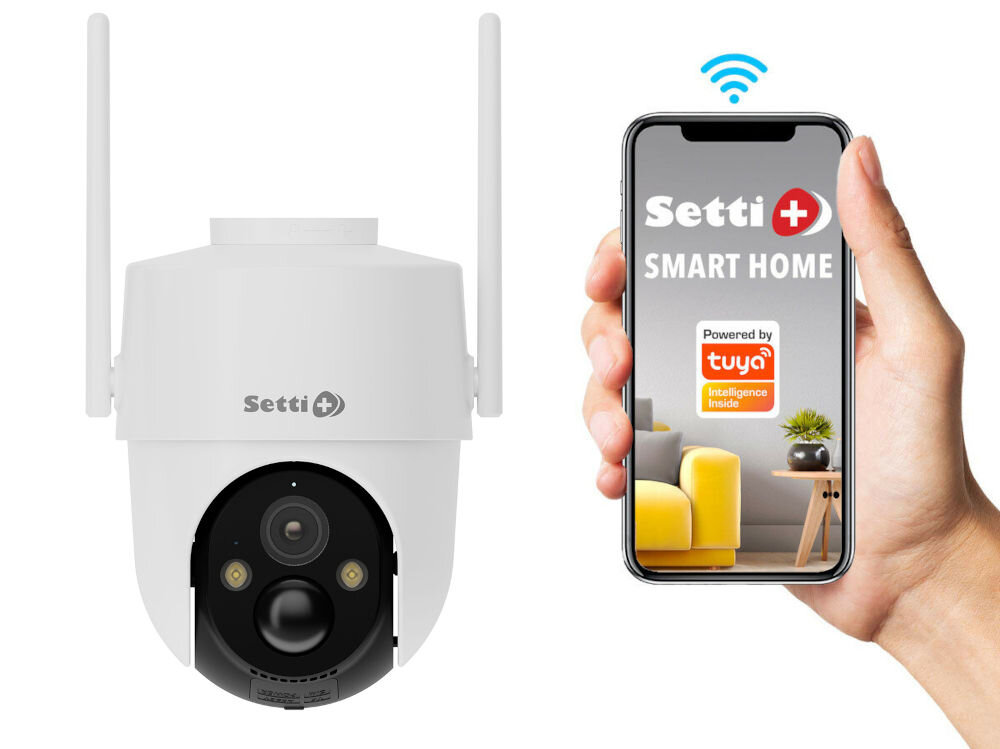 Obraz przedstawia białą kamerę zewnętrzną z logo \'Setti+\' oraz smartfon z aplikacją \'Setti+ SMART HOME\' i logo \'Powered by tuya\'. Kamera ma dwie anteny, a na ekranie telefonu widoczny jest fragment wnętrza z sofą i rośliną.