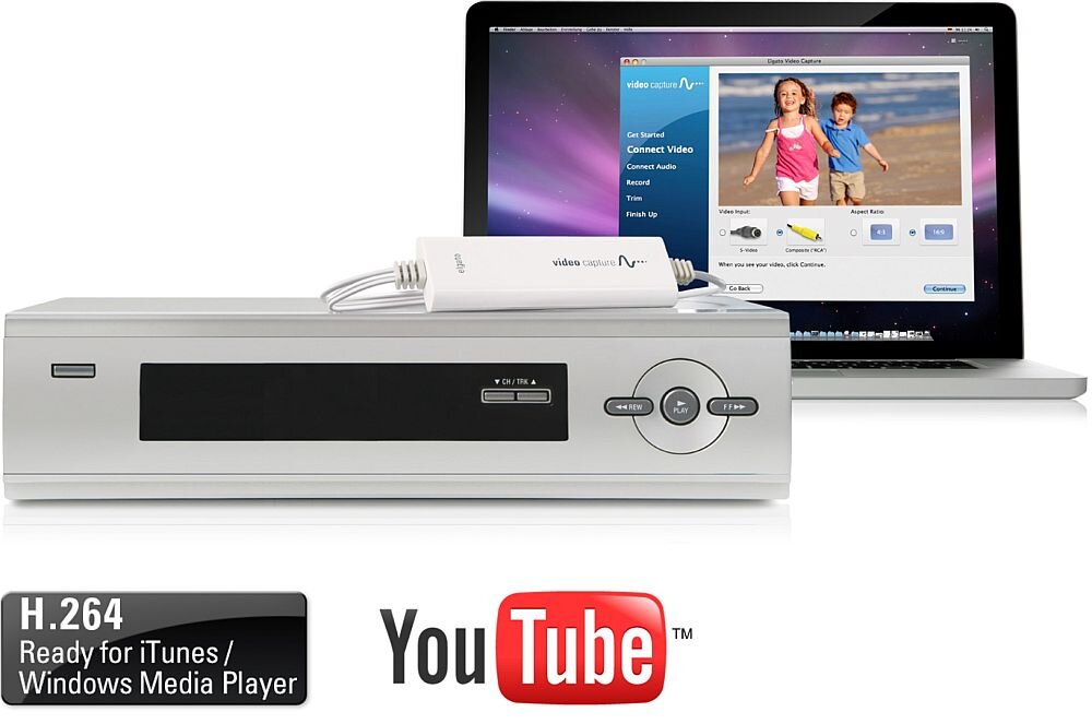 Na obrazie widoczny jest laptop z otwartym programem do edycji wideo oraz urządzenie do przechwytywania wideo. Na dole znajduje się tekst: \'H.264 Ready for iTunes / Windows Media Player\' oraz logo YouTube.