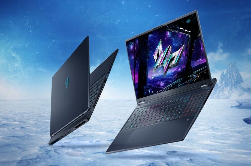 Laptop PREDATOR Helios Neo 16S AI Laptop z podświetlaną klawiaturą, unoszący się nad lodową powierzchnią; jeden widok pokazuje ekran z grafiką science-fiction, drugi – tylną obudowę z logo, opis