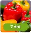 Kolorowe papryki w tle z zielonym napisem \'7 dni\' na pierwszym planie.