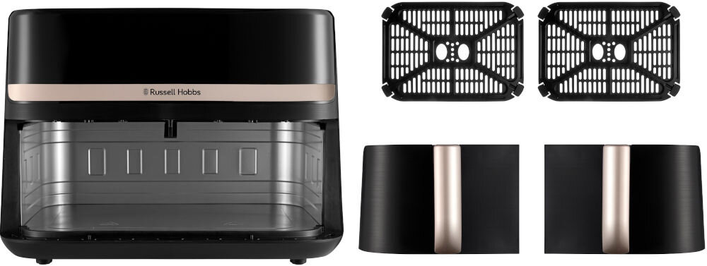 Na obrazie widoczna jest czarna frytkownica beztłuszczowa z logo \'Russell Hobbs\' oraz dwie kratki i dwa pojemniki. Frytkownica ma złoty pasek dekoracyjny na górze.