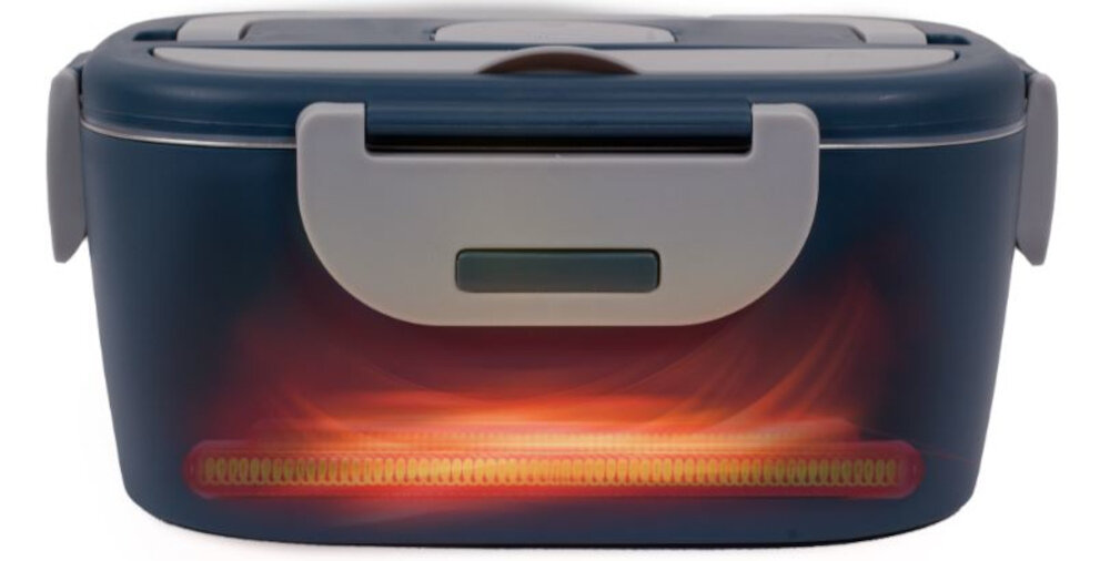 Na zdjęciu widoczny jest elektryczny lunch box w kolorze granatowym z szarymi elementami. Przezroczysta część pokazuje podświetlenie w kolorze pomarańczowym, sugerujące działanie urządzenia.