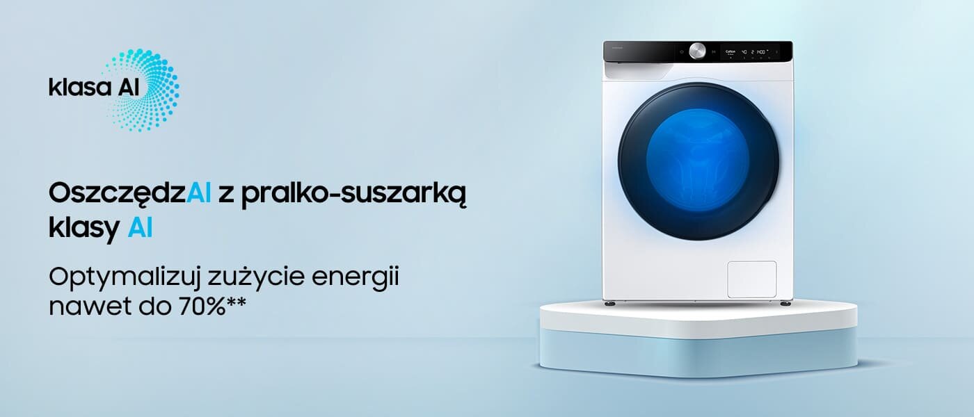 Obraz przedstawia pralko-suszarkę na podwyższeniu, z dużym niebieskim okrągłym elementem na froncie. Obok znajduje się tekst: \'Oszczędzaj z pralko-suszarką klasy AI Optymalizuj zużycie energii nawet do 70%\'.