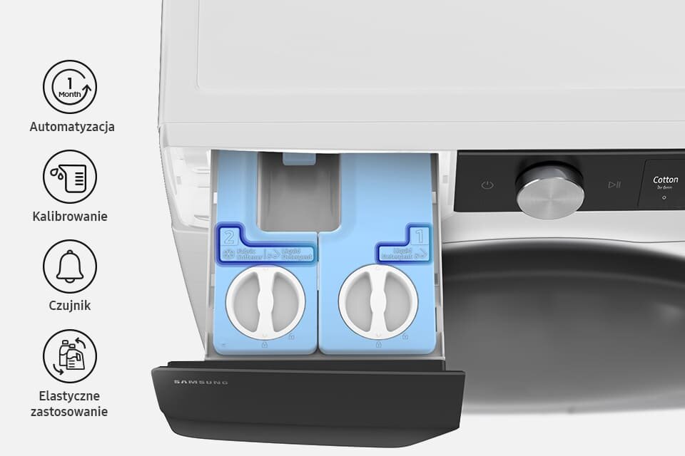 Obraz przedstawia otwarty panel pralko-suszarki z dwoma niebieskimi pojemnikami na detergent. Po lewej stronie widoczne są ikony z napisami: \'Automatyzacja\', \'Kalibrowanie\', \'Czujnik\', \'Elastyczne zastosowanie\'.
