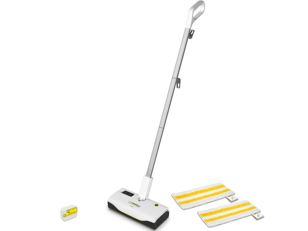 Na obrazie widoczny jest biały mop parowy z długim uchwytem oraz dwie żółto-białe nakładki czyszczące. Obok znajduje się mały biały element z żółtym akcentem.