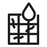 Czarny symbol przedstawiający kroplę wody nad kratką z falistymi liniami.