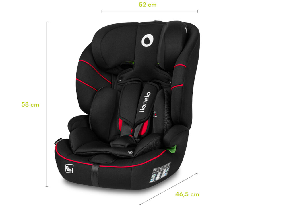 Czarno-czerwony fotelik samochodowy z logo \'lionelo\' na oparciu, z widocznymi wymiarami: 58 cm wysokości, 52 cm szerokości i 46,5 cm głębokości. Na dole znajduje się symbol fotelika samochodowego oraz etykieta z instrukcjami.