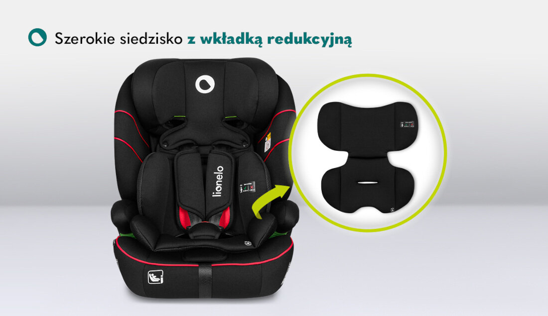 Czarno-czerwony fotelik samochodowy z logo \'lionelo\' i tekstem \'Szerokie siedzisko z wkładką redukcyjną\'. Obok fotelika znajduje się wkładka redukcyjna w okrągłej ramce.