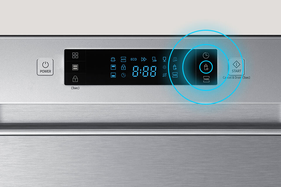 Panel sterowania zmywarki z wyświetlaczem cyfrowym pokazującym \'0:00\' oraz przyciskami funkcyjnymi. Widoczne są przyciski \'POWER\' i \'START Cancel & Drain (3sec)\'.