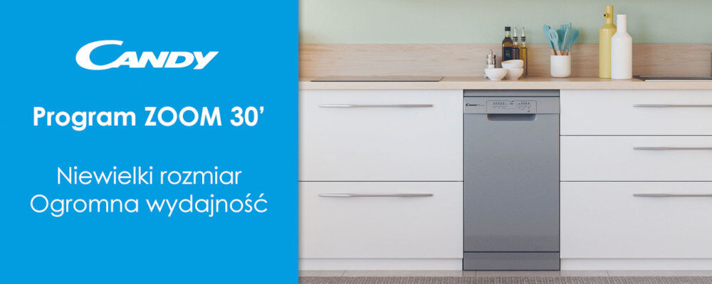 Na obrazie widoczna jest zmywarka w zabudowie kuchennej, otoczona białymi szafkami. Po lewej stronie znajduje się niebieski panel z tekstem: \'CANDY Program ZOOM 30\' Niewielki rozmiar Ogromna wydajność\'.