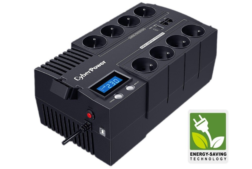 Na obrazie widoczny jest zasilacz UPS z logo CyberPower, posiadający osiem gniazd oraz wyświetlacz LCD pokazujący \'230V\'. Obok zasilacza znajduje się ikona z napisem \'ENERGY-SAVING TECHNOLOGY\' przedstawiająca zielony liść i wtyczkę.